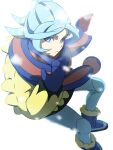  1boy absurdres aqua_eyes aqua_hair blue_footwear blue_mittens blue_scarf boots closed_mouth commentary_request floating_scarf grusha_(pokemon) hand_up highres jacket long_sleeves male_focus outdoors pants pokemon pokemon_(game) pokemon_sv scarf signature sissel0104 snowing solo yellow_jacket 