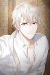  1boy bangs cheritz closed_mouth collarbone collared_shirt long_hair long_sleeves male_focus official_art partially_unbuttoned ponytail red_eyes shirt solo susanghan_messenger third-party_source white_hair white_shirt zen_(susanghan_messenger) 