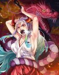  1girl armpits arms_up breasts cleavage club_(weapon) commentary_request curled_horns dragon earrings eastern_dragon fighting_stance fire flame green_hair hakama hakama_pants hoop_earrings horns japanese_clothes jewelry kimono large_breasts long_hair moroi multicolored_hair one_piece oni open_mouth orange_eyes pants red_horns rope sideboob sleeveless sleeveless_kimono solo spiked_club weapon white_hair yamato_(one_piece) 