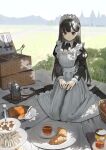  1girl absurdres apron bangs black_dress black_hair blanket bottle brown_eyes building checkerboard_cookie closed_mouth coffee coffee_pot commentary_request cookie croissant cup day dress food fork frilled_apron frills grass highres juliet_sleeves knife long_hair long_sleeves looking_at_viewer maid maid_apron maid_headdress mountain original outdoors own_hands_together picnic picnic_basket plate puffy_sleeves sandwich saucer shii_(kairi-t-k0317) sitting smile solo tiered_tray tray very_long_hair wariza white_apron 