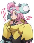  1girl blue_hair character_hair_ornament commentary_request echizen_(n_fns17) hair_ornament highres iono_(pokemon) jacket lightning_bolt_symbol long_hair long_sleeves looking_at_viewer multicolored_hair o3o oversized_clothes pink_eyes pink_hair pokemon pokemon_(game) pokemon_sv simple_background sleeves_past_fingers sleeves_past_wrists solo two-tone_hair white_background yellow_jacket 