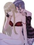  2girls aoki_shizumi bite_mark bite_mark_on_arm bite_mark_on_neck bite_mark_on_shoulder blonde_hair blush bra breasts chest_tattoo collarbone d4dj ear_blush ear_piercing earclip facial_tattoo hand_on_another&#039;s_chest hand_on_another&#039;s_shoulder highres holding holding_phone licking licking_neck long_hair multiple_girls navel neo_(d4dj) parted_lips phone piercing purple_eyes purple_hair red_bra rope_marks saliva short_hair sophia_(d4dj) strap_slip sweat talking_on_phone tattoo tongue tongue_out underwear yuri 