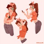  1girl artist_name belt bracelet breasts brown_eyes brown_hair casual commentary d.va_(overwatch) denim drinking headphones jeans jewelry lipstick makeup midriff overwatch overwatch_1 pants plaid plaid_shirt ponytail puffy_short_sleeves puffy_sleeves shirt short_sleeves small_breasts soda_bottle tied_shirt tying_hair vicki_tsai 