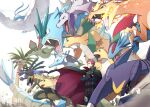  1boy aerodactyl alolan_exeggutor altaria belt black_cape cape charizard closed_mouth commentary_request crossed_arms dragonite floating_cape flygon garchomp gyarados haxorus hydreigon jacket kingdra lance_(pokemon) long_sleeves male_focus pants pokemon pokemon_(creature) pokemon_(game) pokemon_hgss red_hair rock salamence short_hair smile spiked_hair standing twitter_username watermark white_background y_(036_yng) 