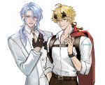  2boys adjusting_clothes adjusting_gloves ahoge artist_name bangs blonde_hair blue_eyes blue_hair chest_harness collared_shirt earrings fake_horns formal genshin_impact gloves green_eyes hair_ornament hair_over_shoulder hand_up harness horned_headwear horns jacket jacket_on_shoulders jewelry kamisato_ayato long_sleeves looking_at_viewer looking_to_the_side low_ponytail male_focus medium_hair mistermagnolia mole mole_under_mouth multiple_boys necktie open_clothes parted_lips red_jacket shirt short_hair sidelocks simple_background sleeves_rolled_up smile standing stud_earrings suit thoma_(genshin_impact) twitter_username watch white_background white_jacket white_shirt white_suit wristwatch 