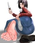  1girl absurdres ass barefoot blue_kimono boot_removed brown_hair fate/grand_order fate_(series) feet foot_focus highres holding holding_knife jacket japanese_clothes kara_no_kyoukai kimono knife looking_at_viewer red_jacket ryougi_shiki shoe_insert soles solo suiryuu_(18559651) toes 