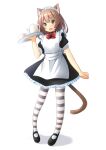  1girl :d animal_ear_fluff animal_ears apron bangs black_dress black_footwear brown_hair cat_ears cat_girl cat_tail commentary_request cup dress frilled_apron frilled_dress frills full_body green_eyes hair_between_eyes highres holding holding_tray maid maid_apron maid_headdress original pantyhose pigeon-toed puffy_short_sleeves puffy_sleeves shadow shibacha shoes short_sleeves simple_background smile solo standing striped striped_pantyhose tail teacup teapot tray white_apron white_background 