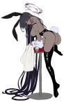 1girl absurdly_long_hair absurdres animal_ears arm_strap ass b-pang bare_shoulders black_garter_straps black_leotard black_thighhighs blue_archive closed_mouth fake_animal_ears fake_tail from_behind full_body gloves halo highres karin_(blue_archive) karin_(bunny)_(blue_archive) leotard long_hair looking_at_viewer looking_back playboy_bunny rabbit_ears rabbit_tail simple_background solo tail thighhighs very_long_hair white_background white_gloves yellow_eyes 