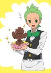  1boy :d apron black_vest bow bowtie buttons cilan_(pokemon) commentary_request green_bow green_bowtie green_eyes green_hair holding long_sleeves looking_at_viewer male_focus miyawaki no_sclera open_mouth pansage pokemon pokemon_(anime) pokemon_bw_(anime) shirt short_hair smile sparkle tongue vest waist_apron white_apron white_shirt 