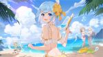  4girls :d absurdres beach bekki_(vtuber) bikini black_bikini blonde_hair blue_bikini blue_eyes blue_hair blue_shorts blue_sky blurry blurry_background bob_cut breasts brown_hair cloud coconut_tree eyewear_on_head flower frilled_bikini frills from_behind green_innertube green_jacket grey_hair hair_flower hair_ornament hand_up highres holding holding_water_gun jacket jewelry lens_flare lian_(vtuber) looking_at_viewer looking_back medium_breasts mountainous_horizon multiple_girls necklace ocean official_art one-piece_swimsuit outdoors palm_tree pink_one-piece_swimsuit queenie_(vtuber) short_hair shorts sideboob sixiwanzi sky smile squirting_liquid swimsuit tree upper_body virtual_youtuber water_gun white_bikini x_hair_ornament yellow_flower yellow_innertube yoyi_(vtuber) 