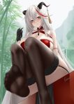  1girl absurdres aegir_(azur_lane) aegir_(golden_dragon_among_auspicious_clouds)_(azur_lane) azur_lane bangs bare_shoulders black_garter_straps black_gloves black_thighhighs blush breasts cleavage commentary_request feet foot_out_of_frame from_below gloves grey_hair hair_between_eyes hand_up highres horn_ornament horns ichikushi_mojibake large_breasts legs looking_at_viewer looking_down multicolored_hair no_shoes official_alternate_costume outdoors parted_lips red_hair signature sitting smile soles solo spread_toes streaked_hair thick_thighs thighhighs thighs toes yellow_eyes 