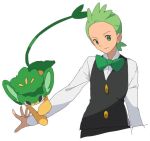 1boy black_vest bow bowtie buttons cilan_(pokemon) closed_mouth commentary_request green_bow green_bowtie green_eyes green_hair long_sleeves looking_at_viewer male_focus miyawaki no_sclera outstretched_arm pansage pokemon pokemon_(anime) pokemon_(creature) pokemon_bw_(anime) pokemon_on_arm shirt short_hair simple_background smile vest white_background white_shirt 