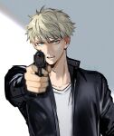  1boy artist_name bangs black_jacket blonde_hair blue_eyes blurry depth_of_field grey_background gun highres holding holding_gun holding_weapon jacket looking_at_viewer male_focus mistermagnolia open_mouth pointing pointing_at_viewer shirt short_hair simple_background solo spy_x_family swept_bangs teeth tongue twilight_(spy_x_family) two-tone_background upper_body upper_teeth_only v-shaped_eyebrows weapon white_background white_shirt 