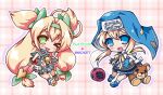  1boy 1girl blazblue blonde_hair blue_dress blue_eyes blush bridget_(guilty_gear) chibi comiket_88 crossover cuffs dress fingerless_gloves gloves green_eyes guilty_gear guilty_gear_xx habit handcuffs heart heart-shaped_pupils long_hair looking_at_viewer low-tied_long_hair mars_symbol muchourin neko_yume nun one_eye_closed otoko_no_ko platinum_the_trinity quad_tails roger_(guilty_gear) short_hair_with_long_locks stuffed_animal stuffed_toy symbol-shaped_pupils teddy_bear yo-yo 