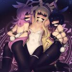  3girls animal_ears armpits arms_behind_back arms_up ass bare_shoulders bdsm black_hair black_leotard black_pantyhose blonde_hair bondage bound bound_ankles breasts cad_(caddo) choker cleave_gag cloth_gag commentary english_commentary fake_tail fate/grand_order fate_(series) gag gagged gloves high_heels highres hildr_(fate) improvised_gag leotard medium_breasts multiple_girls nipples ortlinde_(fate) pantyhose purple_hair purple_leotard rabbit_ears rabbit_tail strapless strapless_leotard tail thigh_strap thighs thrud_(fate) valkyrie_(fate) white_gloves white_leotard 
