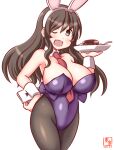  1girl animal_ears artist_logo ashigara_(kancolle) between_breasts black_pantyhose breasts brown_eyes brown_hair covered_navel cowboy_shot curry curry_rice detached_collar fake_animal_ears food hairband kanon_(kurogane_knights) kantai_collection large_breasts leotard long_hair looking_at_viewer necktie one-hour_drawing_challenge pantyhose plate playboy_bunny purple_leotard rabbit_ears rabbit_tail red_necktie rice solo strapless strapless_leotard tail wavy_hair wrist_cuffs 