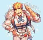  1boy bangs bara blonde_hair blush chest_belt fur_trim granblue_fantasy green_eyes highres idol jacket large_pectorals male_focus muscular muscular_male official_alternate_costume one_eye_closed oneirio open_clothes open_jacket pants pectorals shirt short_hair smile solo suspenders thick_eyebrows thumbs_up translation_request twitter_username underbust vane_(granblue_fantasy) white_jacket white_pants white_shirt 