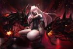  1girl absurdres aegir_(azur_lane) artillery azur_lane bare_shoulders black_cape black_footwear black_gloves bodystocking breast_curtains breasts cape chain covered_navel cross cross-laced_clothes demon_horns elbow_gloves fangs gloves hair_between_eyes hair_on_horn high_heels highres horns iron_cross large_breasts long_hair multicolored_hair non-humanoid_robot open_mouth red_hair robot robot_dragon solo streaked_hair tongue tongue_out turret very_long_hair white_hair yellow_eyes zwischen 