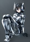  1girl android black_hair blue_eyes commentary_request commission expressionless grey_background hayabusa_aoi highres joints looking_at_viewer original robot_girl robot_joints short_hair signature sitting skeb_commission solo 