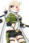  1girl alternate_costume anti-materiel_rifle bangs belt black_belt black_gloves black_shorts blonde_hair bob_cut breasts closed_mouth cosplay dars_(recolors) fingerless_gloves gloves green_jacket gun hair_ornament hairclip highres holding holding_gun holding_weapon jacket large_breasts leotard leotard_under_clothes long_sleeves looking_at_viewer lycoris_recoil nishikigi_chisato pgm_hecate_ii pocket red_eyes rifle scarf short_hair short_shorts shorts simple_background sinon sinon_(cosplay) smile sniper_rifle solo sword_art_online weapon white_background white_scarf 