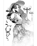  1girl alderion-al breasts clip_studio_paint_(medium) commentary_request floral_print flower greyscale hat hat_flower highres lamppost long_skirt medium_breasts monochrome original parted_lips print_skirt skirt smile solo spanish_commentary sun_hat watch wavy_hair wristwatch 
