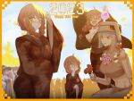  2023 absurdres at2. bangs blunt_bangs blunt_ends breasts cleavage flower green_eyes happy_new_year hat highres iron_golem_(minecraft) japanese_clothes kimono midriff minecraft pale_skin rose smile villager_(minecraft) witch_(minecraft) 