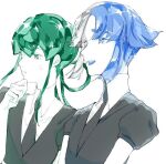  2others androgynous bangs black_shirt blue_eyes blue_hair collared_shirt colored_eyelashes colored_skin crystal_hair euclase_(houseki_no_kuni) from_side gem_uniform_(houseki_no_kuni) glint green_eyes green_hair grey_eyes grey_hair hair_rings hand_on_own_chin heterochromia high_collar houseki_no_kuni jade_(houseki_no_kuni) jewelry_cats low_twintails multicolored_hair multiple_others necktie nervous other_focus parted_bangs profile puffy_short_sleeves puffy_sleeves shirt short_hair short_sleeves sidelocks simple_background smile sparkle thinking twintails two-tone_hair upper_body white_background white_shirt white_skin wing_collar 
