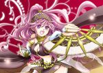 1girl :d armlet bangs breasts cleavage fire_emblem fire_emblem_awakening fire_emblem_heroes hair_between_eyes hairband hand_fan holding holding_fan long_hair looking_at_viewer midriff navel o-ring o-ring_top official_alternate_costume olivia_(fire_emblem) olivia_(performing_arts)_(fire_emblem) open_mouth pink_eyes pink_hair ponytail red_background smile solo upper_body ydknhsvs 