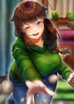  1girl ;d absurdres ahoge alternate_costume bangs blue_eyes blurry blurry_background blurry_foreground box braid breasts brown_hair commentary_request denim green_sweater hair_flaps hair_over_shoulder highres holding holding_box indoors jeans kantai_collection large_breasts light_blush long_hair looking_at_viewer lower_teeth_only masu motion_blur one_eye_closed pants setsubun shigure_(kancolle) shigure_kai_ni_(kancolle) signature single_braid smile solo soybean sweater teeth throwing tsui_(kojiya) v-neck 