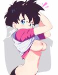  1girl aetherion arms_up ass bike_shorts black_hair blue_eyes blush breasts butt_crack clothes_lift dragon_ball dragon_ball_z fingerless_gloves gloves highres lifted_by_self looking_at_viewer messy_hair nipples no_bra pink_shirt shirt shirt_lift short_hair short_sleeves simple_background solo upper_body videl 