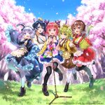  5girls apron blonde_hair blue_dress blue_eyes blue_hair brown_hair cherry_blossoms cow_horns dress earrings falling_petals frilled_apron frilled_dress frills fukube goou_yoshimitsu grass green_dress green_eyes hair_ornament hair_stick hand_up headband highres holding holding_microphone horns jewelry jouizumi_masamune jumping kogarasumaru_(tenka_hyakken) kuwana_gou_(tenka_hyakken) light_purple_hair microphone microphone_stand multiple_girls nanaka_(tenka_hyakken) official_art outstretched_arm petals purple_eyes red_dress red_eyes red_hair shoes sleeves_past_wrists smile standing standing_on_one_leg tenka_hyakken thighhighs twintails wide_sleeves yellow_dress yellow_eyes 