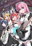  4girls alternate_costume apron bangs bass_guitar blue_eyes blush bocchi_the_rock! cube_hair_ornament drumsticks electric_guitar embarrassed enmaided fender_precision_bass gibson_les_paul gotou_hitori green_eyes guitar hair_between_eyes hair_ornament holding holding_drumsticks holding_instrument ijichi_nijika instrument inui_sekihiko kita_ikuyo long_hair maid multiple_girls one_side_up smile thighhighs v yamada_ryou yamaha_pacifica zettai_ryouiki 