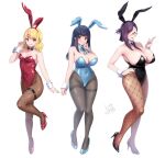  3girls animal_ears between_breasts black_footwear black_leotard black_necktie blonde_hair blue_footwear blue_leotard blue_ribbon bow bowtie breasts brown_pantyhose cleavage club_(shape) commentary_request covered_navel detached_collar diamond_(shape) fishnet_pantyhose fishnets folded_ponytail full_body glasses grey_pantyhose hand_on_hip heart high_heels highres huge_breasts iizuka_chisa large_breasts leotard looking_at_viewer mano_akine mano_natsue medium_breasts multiple_girls neck_ribbon necktie necktie_between_breasts original pantyhose parted_lips playboy_bunny playing_card_theme purple_hair rabbit_ears rabbit_tail red_bow red_bowtie red_eyes red_footwear red_leotard ribbon sidelocks smile spade_(shape) standing standing_on_one_leg strapless strapless_leotard tail thighband_pantyhose torino_karaage wrist_cuffs 