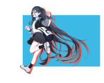  1girl absurdly_long_hair absurdres aris_(blue_archive) black_hair black_hairband black_skirt black_socks blue_archive blue_eyes blue_necktie blush collared_shirt drop_shadow full_body hair_between_eyes hairband hands_up helenhe highres jacket leg_up long_hair multicolored_clothes multicolored_jacket necktie no_halo one_side_up open_clothes open_jacket open_mouth pleated_skirt shirt shoes skirt smile sneakers socks solo two-tone_background very_long_hair 