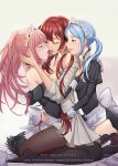  3girls blue_hair breasts breath felicia_(fire_emblem) fff_threesome fire_emblem fire_emblem_fates flora_(fire_emblem) french_kiss girl_sandwich group_sex highres hug kiss maid maid_headdress multiple_girls off_shoulder pantyhose pink_hair ponytail red_hair sandwiched selena_(fire_emblem_fates) shimaidon_(sex) shiro_font siblings sisters thighhighs threesome tongue tongue_out undressing yuri 