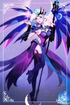  1girl artist_name atlantic_mercy black_wings boots breasts cleavage commentary crescent crescent_earrings dress earrings english_commentary framed high_heel_boots high_heels holding holding_polearm holding_weapon jewelry mechanical_wings medium_breasts mercy_(overwatch) overwatch overwatch_1 polearm purple_dress purple_eyes solo strapless strapless_dress thigh_boots vicki_tsai weapon white_hair wings 