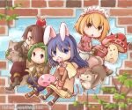  &gt;_&lt; 2boys 2girls :3 :o acolyte_(ragnarok_online) animal_ears apple apple_on_head archer_(ragnarok_online) arrow_(projectile) arrow_through_apple bangs blonde_hair blue_eyes blue_hair blue_shorts boots bow_(weapon) breasts brick_wall brown_cape brown_capelet brown_footwear brown_gloves brown_hair brown_pants brown_pantyhose brown_shirt brown_skirt cape capelet chain closed_mouth commentary_request creature desert_wolf_(ragnarok_online) flower flower_in_mouth food fruit full_body gloves green_hair highres holding holding_bow_(weapon) holding_staff holding_weapon long_hair long_sleeves looking_at_viewer mage_(ragnarok_online) merchant_(ragnarok_online) monocle multiple_boys multiple_girls muneate mushroom open_mouth pants pantyhose pink_flower pink_shirt pink_skirt pink_vest poring quiver rabbit_ears raccoon ragnarok_online red_apple red_eyes shirt shiyunako short_hair shorts skirt slime_(creature) small_breasts smile smokie_(ragnarok_online) spore_(ragnarok_online) staff tongue tongue_out vest weapon white_shirt wolf yellow-framed_eyewear yellow_eyes 