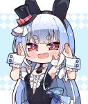  1girl :d animal_ears bangs black_headwear blue_hair blunt_bangs blush_stickers bunny-shaped_pupils bunny_pose center_frills chibi commentary detached_sleeves don-chan_(usada_pekora) english_commentary fake_animal_ears frills hat highres hololive kukie-nyan long_hair looking_at_viewer mini_hat mini_top_hat multicolored_hair official_alternate_costume official_alternate_hairstyle open_mouth puffy_detached_sleeves puffy_short_sleeves puffy_sleeves rabbit_ears red_eyes short_eyebrows short_sleeves skin_tight smile smug solo streaked_hair symbol-shaped_pupils teeth thick_eyebrows top_hat two-tone_hair upper_teeth_only usada_pekora v-shaped_eyebrows virtual_youtuber white_hair white_sleeves wrist_cuffs 