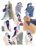  1boy 1girl absurdres age_difference age_progression aged_up ass_grab bangs blue_hair blush braid breasts cape clothes_lift clothes_pull colorized completely_nude dress ferdinand_(honzuki_no_gekokujou) flower hair_flower hair_ornament highres honzuki_no_gekokujou hug light_blue_hair long_hair long_sleeves maine_(honzuki_no_gekokujou) marmalade_(7591468) no_panties nude open_mouth progression robe short_hair simple_background swept_bangs undressing very_long_hair white_background wide_sleeves yellow_eyes 