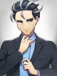  1boy adjusting_clothes adjusting_necktie black_hair black_jacket buttons closed_mouth collared_shirt commentary_request frown grey_eyes grey_hair highres jacket larry_(pokemon) long_sleeves male_focus multicolored_hair necktie nori_(hgdm2784) open_clothes open_jacket pokemon pokemon_(game) pokemon_sv shirt short_hair solo streaked_hair two-tone_hair upper_body 