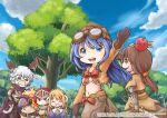  2boys 3girls ahoge animal_ears apple apple_on_head armor arrow_through_apple assassin_(ragnarok_online) bandages bangs bird blonde_hair blue_dress blue_eyes blue_hair blue_sky bow bow_bra bra brown_cape brown_capelet brown_dress brown_eyes brown_gloves brown_hair brown_headwear brown_jacket brown_pants brown_shirt cape capelet cat_ears chainmail closed_eyes closed_mouth cloud commentary_request cowboy_shot dress flat_chest food fruit gauntlets gloves goggles goggles_on_head grin habit holding holding_sword holding_weapon jacket juliet_sleeves knight_(ragnarok_online) long_hair long_sleeves looking_at_viewer mask masquerade_mask midriff multiple_boys multiple_girls navel open_mouth outdoors pants pauldrons peco_peco priest_(ragnarok_online) puffy_sleeves ragnarok_online red_apple red_bow red_eyes red_hair round_teeth shirt shiyunako short_hair shoulder_armor shrug_(clothing) sky smile sword swordsman_(ragnarok_online) tabard teeth thief_(ragnarok_online) tree underwear visor_(armor) waving weapon white_bra white_hair 