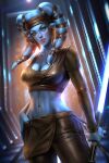  1girl aayla_secura ayya_sap blue_skin blush breasts brown_pants cleavage colored_skin hand_in_pants holding_lightsaber looking_at_viewer midriff navel pants reverse_grip solo star_wars twi&#039;lek yellow_eyes 