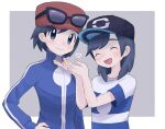  2boys :d baseball_cap black_hair black_headwear blue_jacket border calem_(pokemon) closed_mouth commentary_request cupping_hands elio_(pokemon) grey_background hand_on_hip hands_up hat heart highres jacket male_focus medium_hair multiple_boys open_mouth own_hands_together pokemon pokemon_(game) pokemon_sm pokemon_xy red_headwear sana_(37pisana) shirt short_hair short_sleeves smile striped striped_shirt t-shirt turtleneck turtleneck_jacket white_border zipper_pull_tab 