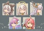  5girls ahoge arch_bishop_(ragnarok_online) bangs blue_eyes blue_hair brooch closed_mouth commentary_request cowboy_shot crescent crescent_hair_ornament cross gem gold_hairband gradient_hair green_eyes green_gemstone hair_between_eyes hair_ornament hairband halo jewelry long_hair multicolored_hair multiple_girls open_mouth pink_hair pointy_ears portrait profile purple_eyes purple_hair ragnarok_online ranger_(ragnarok_online) shiyunako smile star_(symbol) white_hair 