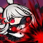  1girl animal_ears black_capelet braid capelet chibi closed_mouth copyright_request dokomon dress flaming_eye gloves glowing glowing_eyes grey_hair hair_over_one_eye highres hood hood_down hooded_capelet rabbit_ears red_eyes red_gloves solo white_dress 