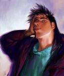  1boy aqua_shirt arm_up big_nose black_hair black_jacket collared_shirt hand_on_forehead highres itou_kaiji jacket kaiji looking_at_viewer medium_hair portrait pout scar scar_on_face shirt shishinnonoii smile upper_body 