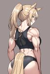  absurdres animal_ear_fluff animal_ears arknights black_shorts black_sports_bra blonde_hair breasts brown_eyes cowboy_shot from_behind grey_background gym_shorts highres horse_ears horse_girl horse_tail large_breasts muscular muscular_female myown nearl_(arknights) nearl_the_radiant_knight_(arknights) ponytail shorts side_ponytail sports_bra tail 