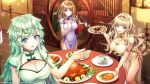  3girls bangs bare_arms blonde_hair blue_eyes breasts cleavage dolphin_wave food green_hair highres holding holding_tray kirahoshi_kanna meat multiple_girls official_art ootomo_takuji open_mouth pelvic_curtain purple_eyes round_table selena_lewis suminoe_shion table traditional_clothes tray turkey_(food) 