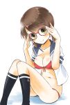 1girl bangs bespectacled bikini black_socks blue_sailor_collar breasts brown_eyes brown_hair cleavage collarbone commentary_request feet_out_of_frame front-tie_bikini_top front-tie_top glasses green_eyes highres kantai_collection kneehighs low_twintails medium_breasts open_clothes open_shirt parted_bangs red-framed_eyewear red_bikini sailor_collar sailor_shirt school_uniform serafuku shirayuki_(kancolle) shirt short_hair short_twintails simple_background sitting smile socks solo swimsuit taisinkoku twintails white_background white_shirt 
