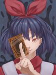  1girl albaro black_hair bow bow_hairband card character_request hairband holding holding_card lips looking_at_viewer omega_rei omega_sisters red_bow red_eyes red_hairband solo upper_body virtual_youtuber yu-gi-oh! 